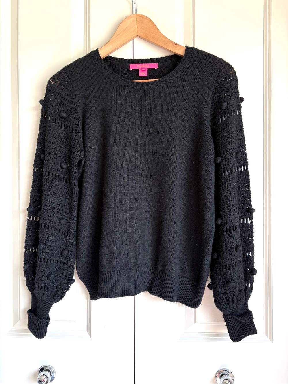 Lilly Pulitzer Lanetta Sweater Onyx Black Boho Crochet Sleeves size Medium